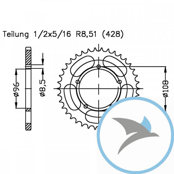 Kettenrad 52Z Teilung 428 Innendurchmesser 096 Lochkreis 108
