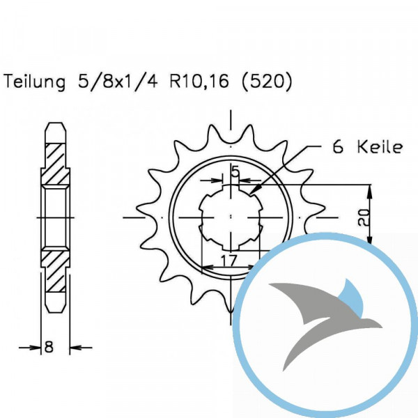 Ritzel 09Z Teilung 520 grobverzahnt 5 Innendurchmesser 17/20