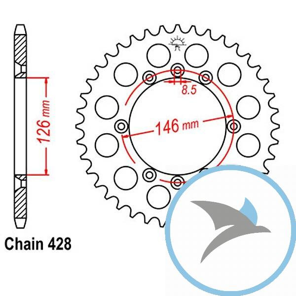 Kettenrad 50Z Teilung 428 Innendurchmesser 126 Lochkreis 146 - JTR805.50