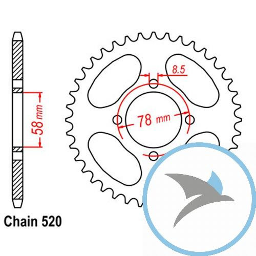 Kettenrad 38Z Teilung 520 Innendurchmesser 058 Lochkreis 078 - JTR815.38