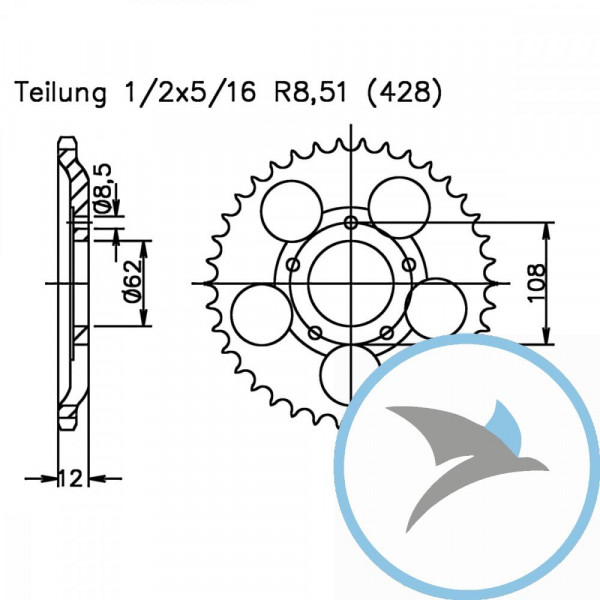 Kettenrad 51Z Teilung 428Innendurchmesser 062 Lochkreis 108 -