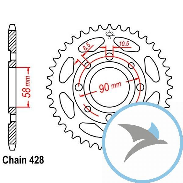 Kettenrad 41Z Teilung 428 Innendurchmesser 058 Lochkreis 090 - JTR269.41
