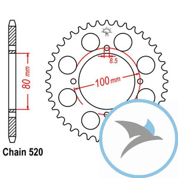 Kettenrad 37Z Teilung 520 Innendurchmesser 080 Lochkreis 100 - JTR819.37