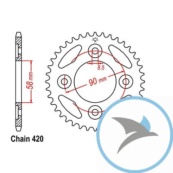 Kettenrad 37Z Teilung 420 Innendurchmesser 058 Lochkreis 090 - JTR212.37