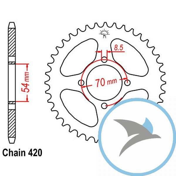 Kettenrad 40Z Teilung 420 Innendurchmesser 054 Lochkreis 070 - JTR257.40
